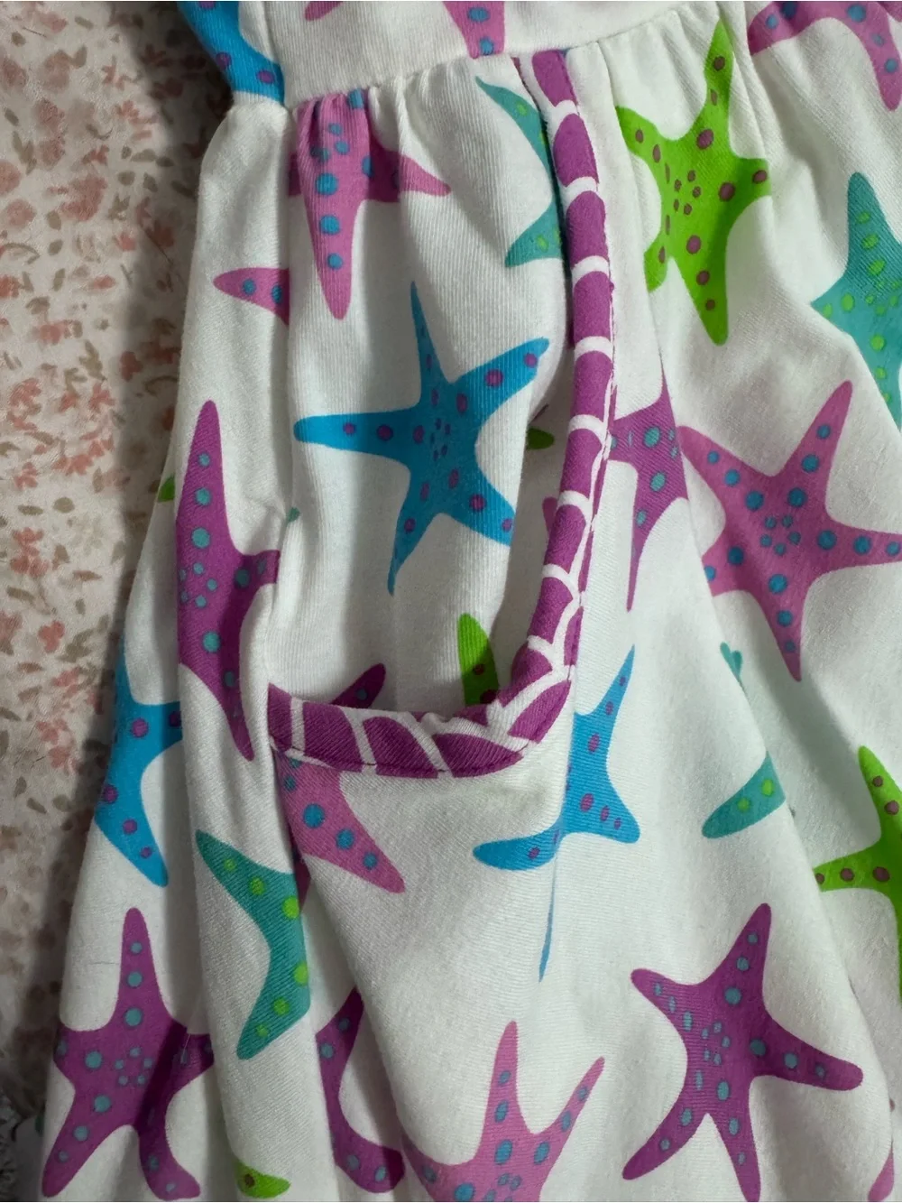 Eleanor Rose White Dress with Pink, Blue & Green Starfish Print